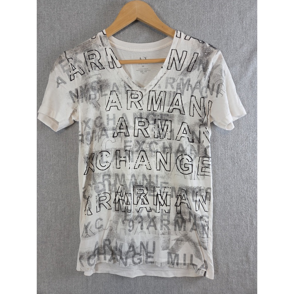 Armani Exchange XS T Shirt White Black Cotton Big Logo Spellout Print V Neck